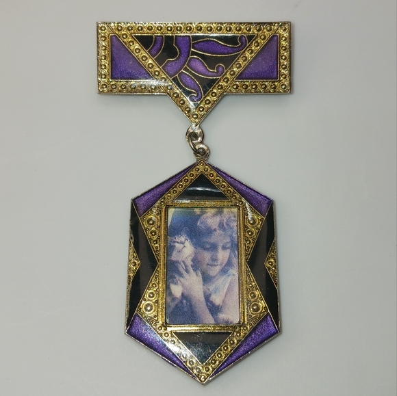 Vintage Dangle Photo Frame Brooch Pin Purple Royal Ceremonial Style - Picture 5 of 10
